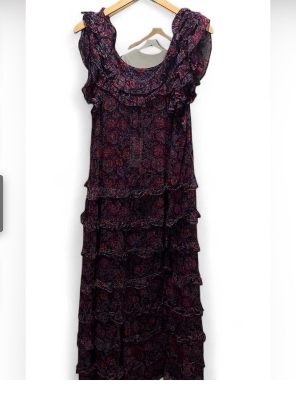 Cleobella Ruffled Dark Floral Maxi Dress in Deep Red and Black Ruffled Tiered XL